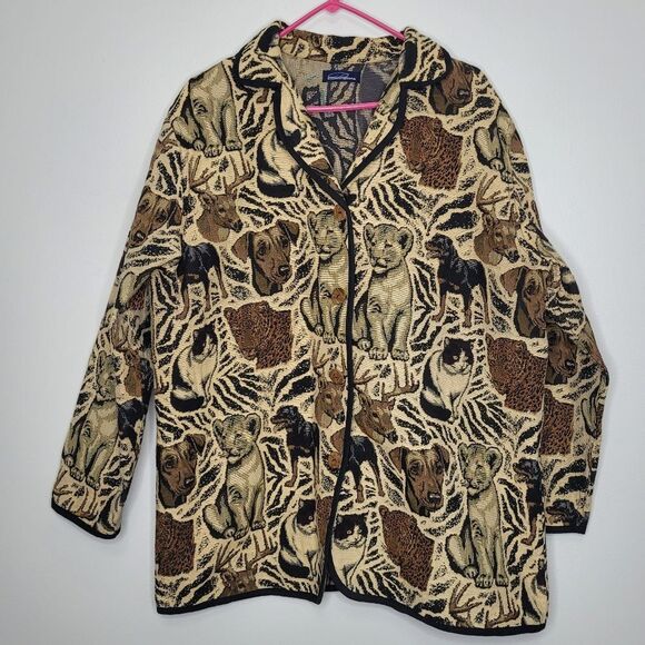 Vintage Penningtons Tapestry Jacket Animal Prints dog cat deer button front - Picture 1 of 6